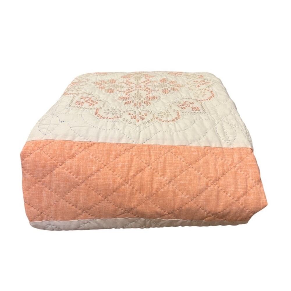 Vtg Handmade Stitched Quilt Twin 101 x 88 Peach Incomplete Project Cottage Retro